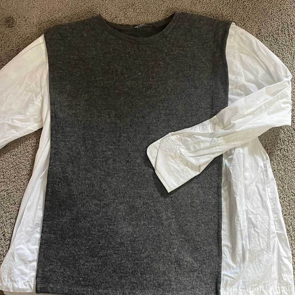 Zara mixed media shirt. Body is charcoal wool and the rest is white blouse.